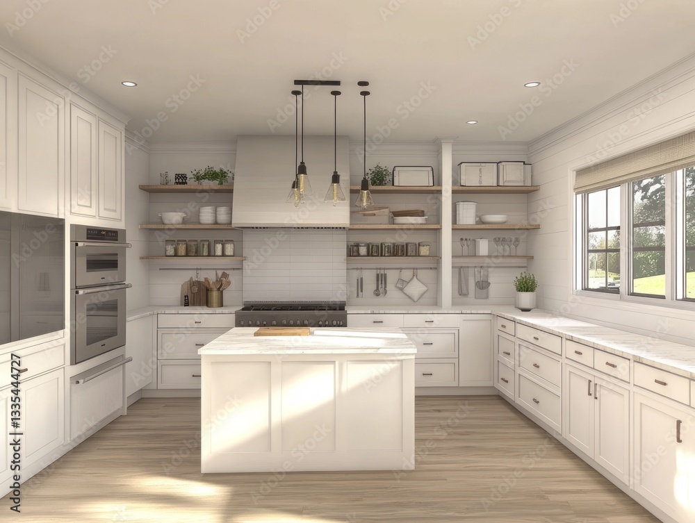 Fototapeta premium A bright and modern kitchen featuring white cabinets and island