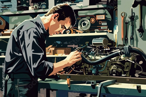 A skilled mechanic meticulously working on a motorcycle engine in a wellequipped workshop photo