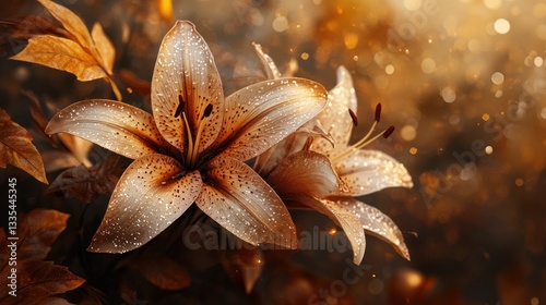 Autumnal lilies, dew-kissed, outdoor garden, bokeh background. Use Nature, seasonal, backdrop