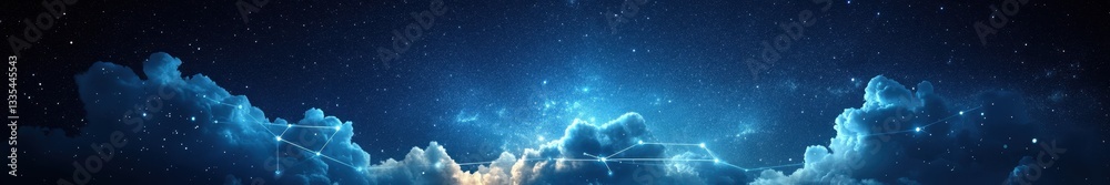 Naklejka premium cosmic sky with technology lines connecting the stars and a data cloud. Representing data cloud technology.
