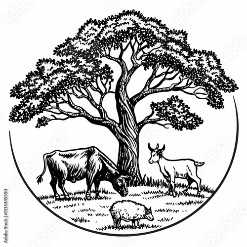 Vector hand-drawn a cow, sheep, and a goat under the tree