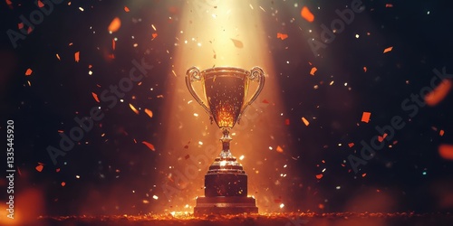 A triumphant scene with a shiny, golden trophy standing prominently in the background, glowing under bright spotlights. Subtle confetti floats around