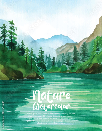 Watercolor forest landscape background. Beautiful watercolor nature landscape with lake, mountain.