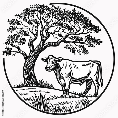 Vector hand-drawn a cow, sheep, and a goat under the tree