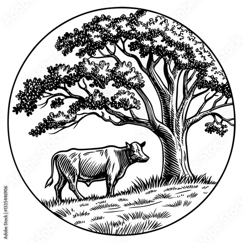 Vector hand-drawn a cow, sheep, and a goat under the tree