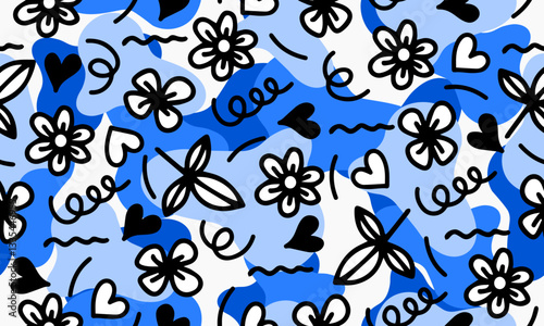 Chrysanthemums flowers and leaves Hand drawn, seamless, on blue background. designed for fabric, fashion, textile, wallpaper, gift wrap.