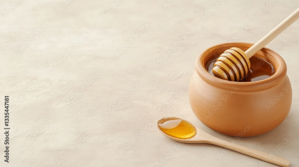 Traditional Clay Pot Filled with Raw Honey and Wooden Spoon Traditional Clay Pot Filled with Raw Honey and Wooden Spoon