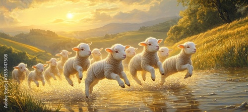 Wallpaper Mural Sunrise Frolic in the Meadow, Baby animals bunnies, chicks, lambs Torontodigital.ca