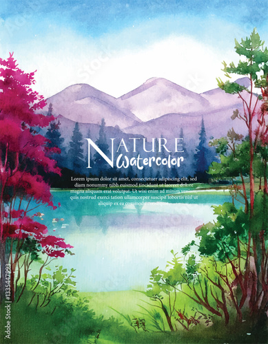Watercolor forest landscape background. Beautiful watercolor nature landscape with lake, mountain.