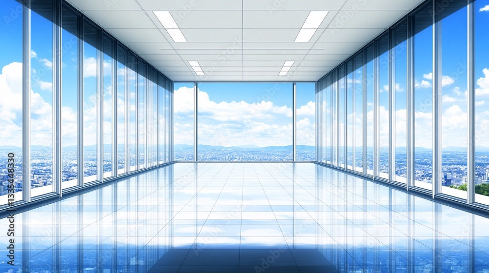 Empty modern office space with panoramic city views. Large windows offer stunning vistas Empty modern office space with panoramic city views. Large windows offer stunning vistas