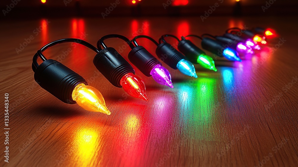 Fototapeta premium Colorful string lights arranged on a wooden surface. Various colors illuminate the space