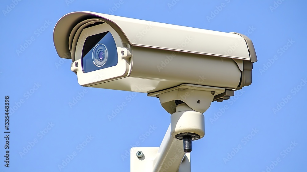 Security camera against a clear blue sky. Security camera against a clear blue sky.