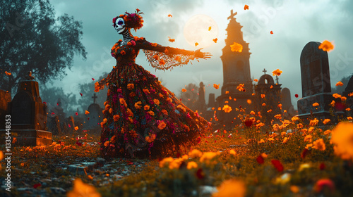 Mysterious Day of the Dead Catrina dancing in an old cemetery, wearing a colorful traditional dress and skull makeup, surrounded by flowers and tombstones under the moonlight