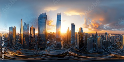 Fototapeta Naklejka Na Ścianę i Meble -  Ultra-wide panoramic 360-degree HDRI image of a modern city skyline at sunset, glass skyscrapers reflecting golden light