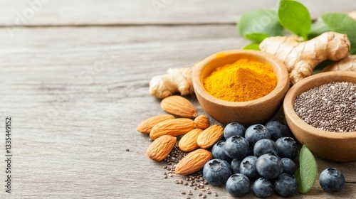 Colorful Assortment of Functional Foods on Wooden Background