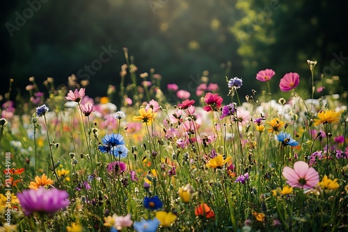 amid hot season summer pasture shines with a pop of vibrant hues swarming with perfect song of zipping flies and gives off a spirited air of prospering strength  
