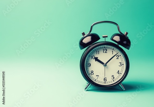 Vintage black alarm clock against a pastel green background symbolizes time and nostalgia.