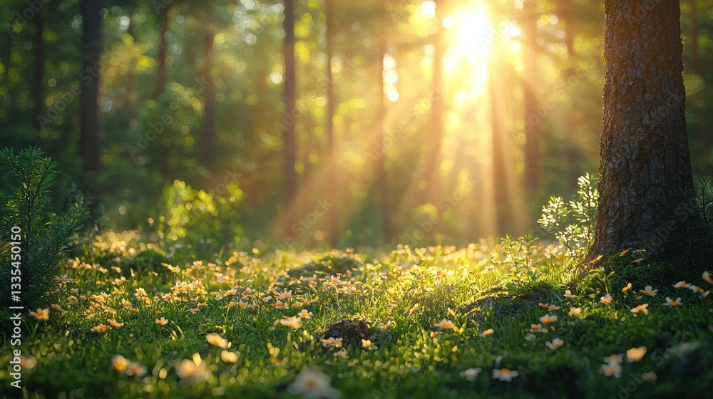 Sunlight streams through forest, wildflowers carpet the forest floor Sunlight streams through forest, wildflowers carpet the forest floor