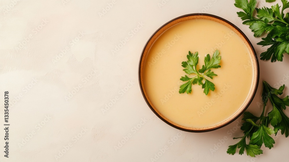 Top Down View of Beautifully Plated Lentil Soup with Fresh Parsley Top Down View of Beautifully Plated Lentil Soup with Fresh Parsley