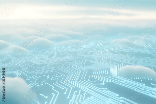 A close-up of an abstract circuit board with glowing connections, floating above soft clouds in the sky. The background is light blue and white, creating a serene atmosphere.