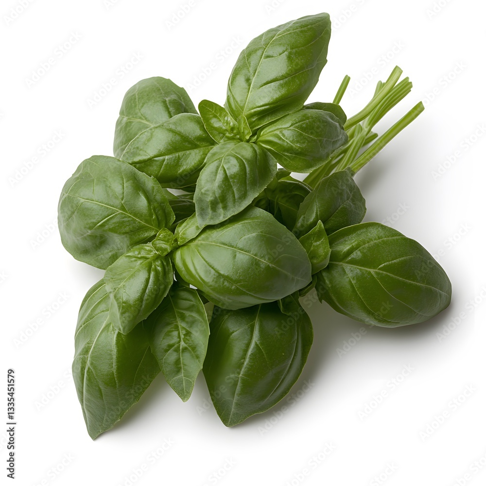 Fototapeta premium Fresh basil sprig, studio shot, white background, cooking ingredient