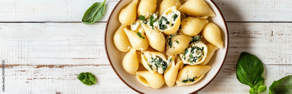 Stuffed pasta shells with ricotta and spinach on a rustic wooden table. Stuffed pasta shells with ricotta and spinach on a rustic wooden table.