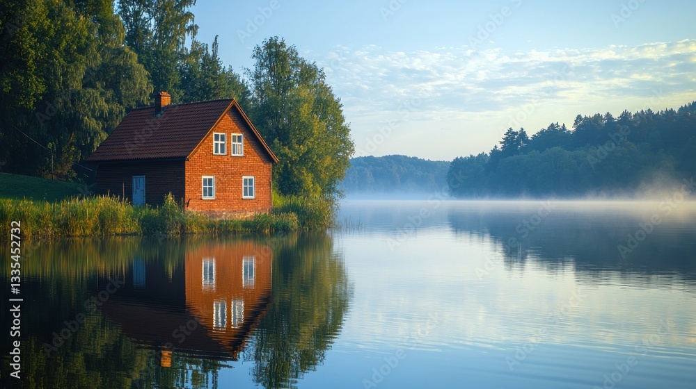 Fototapeta premium Peaceful Sunrise Cabin by Misty Lake