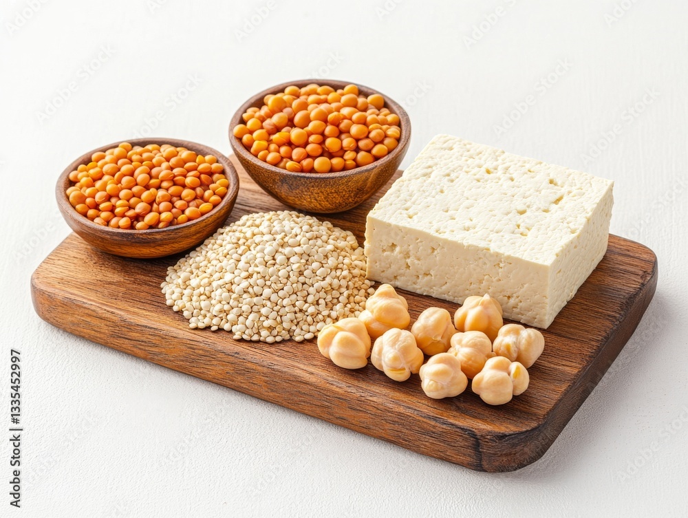Diverse Plant-Based Protein Sources on Wooden Board Display Diverse Plant-Based Protein Sources on Wooden Board Display
