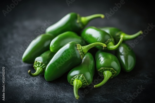 A vibrant pile of fresh green jalapeño peppers on a dark textured surface.