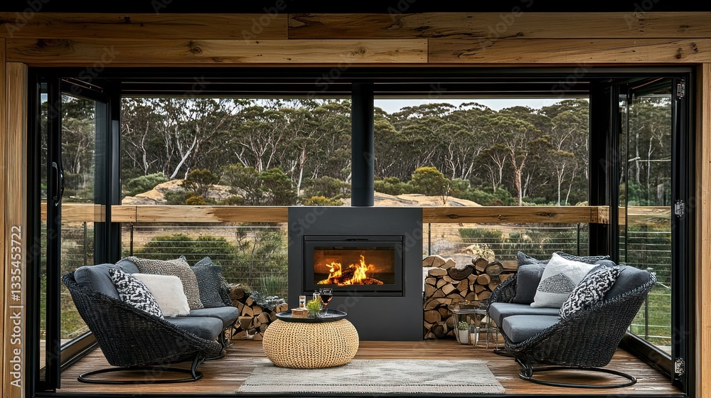 Fototapeta premium Cozy Fireplace Lounge with Forest View Perfect for Relaxation and Gatherings