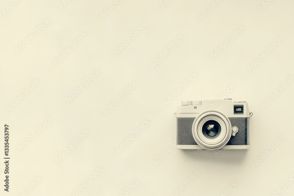 A retro camera lies isolated on a plain neutral surface A retro camera lies isolated on a plain neutral surface