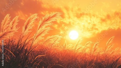 Golden Sunset Over Pampas Grass Field