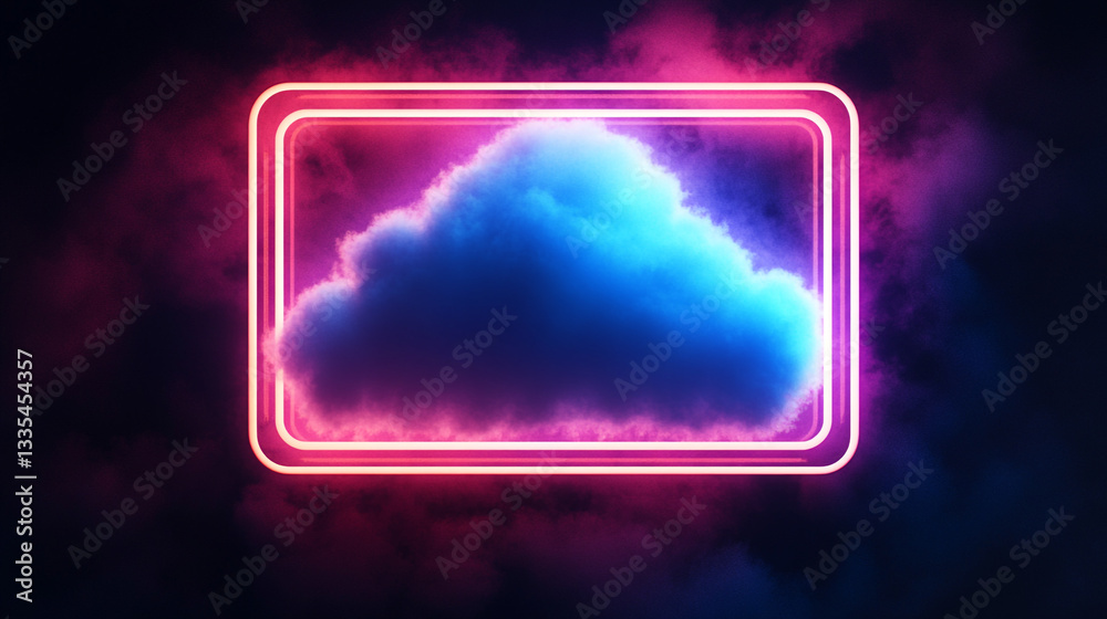 Fototapeta premium Abstract cloud illuminated with neon light ring on dark background tilted angle, Cloud computing, global network, and future technology for communication, 