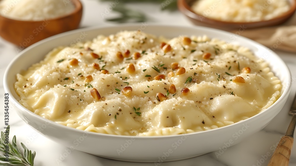 Creamy cheese ravioli with pine nuts and herbs. Creamy cheese ravioli with pine nuts and herbs.