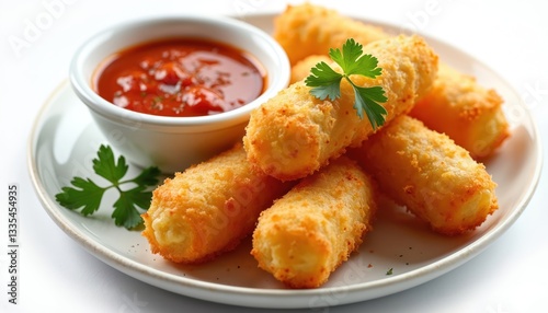 Golden fried mozzarella sticks served with chili sauce, garnished with fresh parsley. Crispy breaded cheese sticks, perfect appetizer, snack. Heap of fast food on white plate. Italian cuisine gourmet