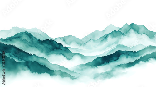 teal color watercolor illustration of misty mountains landscape isolated on white or transparent background