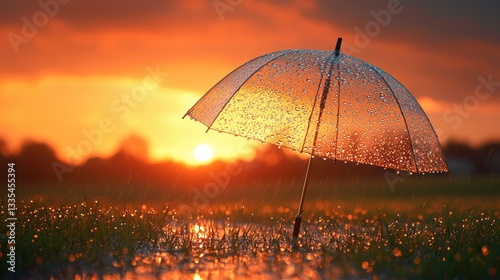 Transparent umbrella in rain at sunset over field