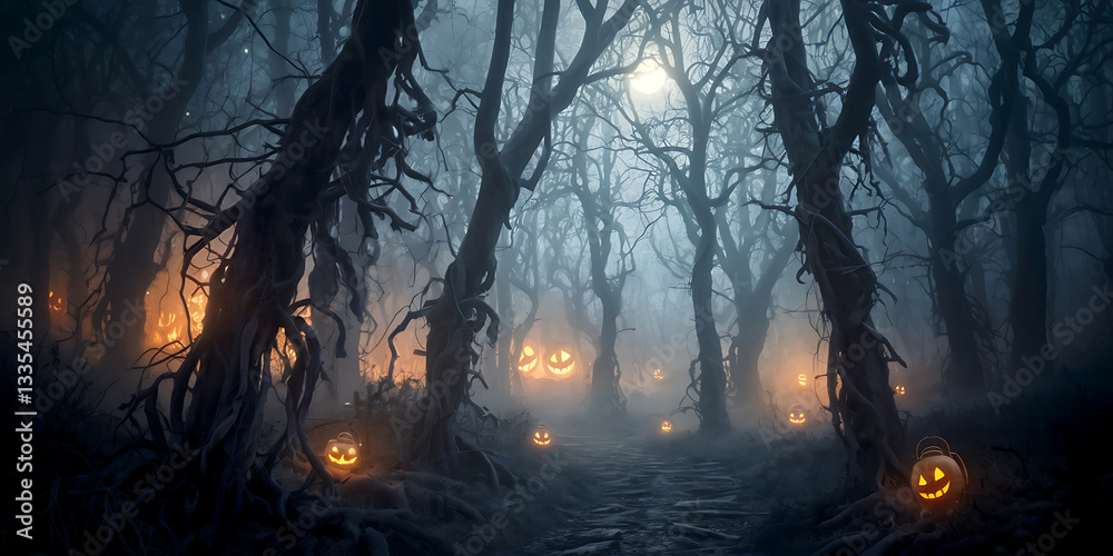 Obraz premium Spooky Halloween forest path with glowing jack-o'-lanterns