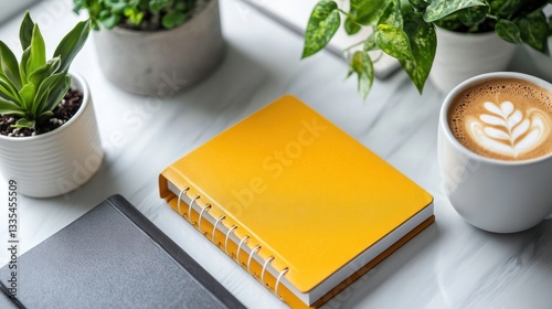 Yellow notebook, coffee, plants on marble desk
