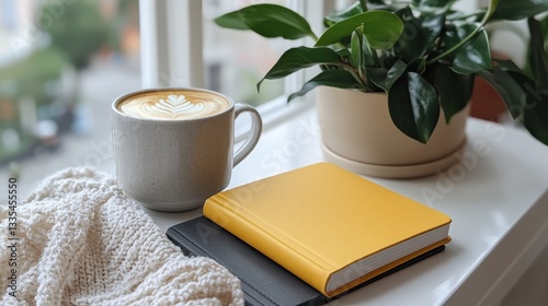 Cozy window seat with coffee, journal, and plants