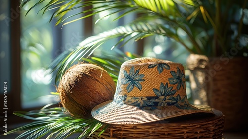 Tropical hat and coconut on wicker stand near window with plants