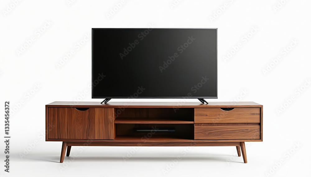 Retro wooden TV stand for modern living room setups. Mid-century style furniture features storage, sleek design. Console table with television set on transparent background. Retro wooden TV stand for modern living room setups. Mid-century style furniture features storage, sleek design. Console table with television set on transparent background.