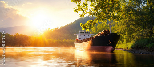 Cargoship unloads timber at forest riverbank in afternoon light photo