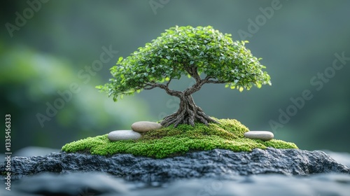 Miniature bonsai tree on mossy rock outcrop in serene outdoor setting