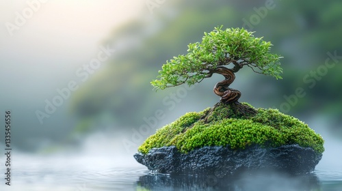 Misty morning bonsai on rock island