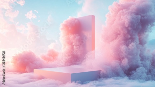 Pastel cloudscape display podium, sunrise
