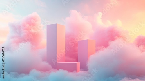 Pastel cloudscape, floating architectural forms, serene sunrise