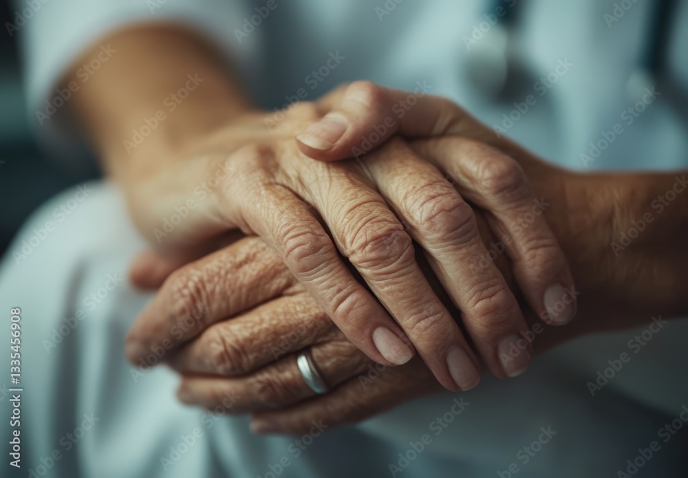 Fototapeta premium Close-up of elderly hands clasped together, showcasing wisdom and experience.