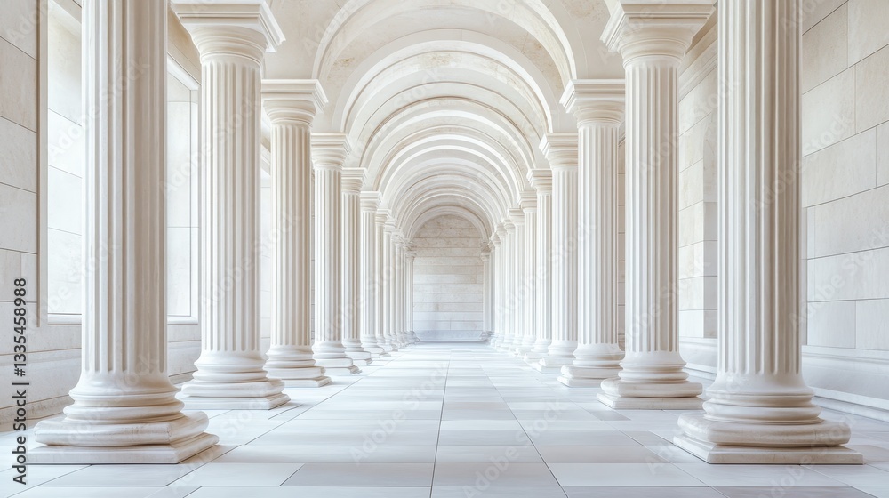 Majestic white marble pillars in classical architecture hallway with vaulted ceiling Majestic white marble pillars in classical architecture hallway with vaulted ceiling