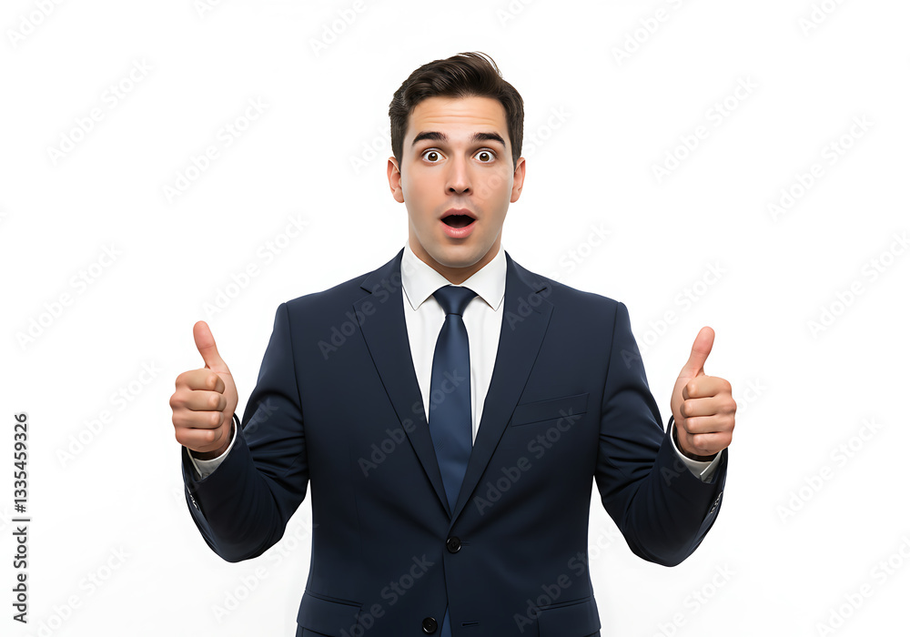 A handsome businessman in a suit expresses excitement and gives a thumbs up on a white background. A handsome businessman in a suit expresses excitement and gives a thumbs up on a white background.